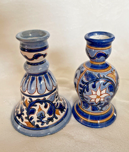 Artist Made Candle Holders Hand Painted Blue Pottery Set of 2 SIGNED - Picture 4 of 6