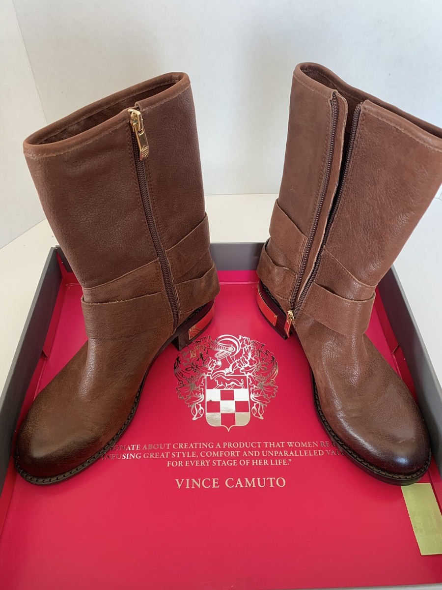 Vince Camuto Smoke Taupe Silk Goat leather Mid-Calf Gold Logo