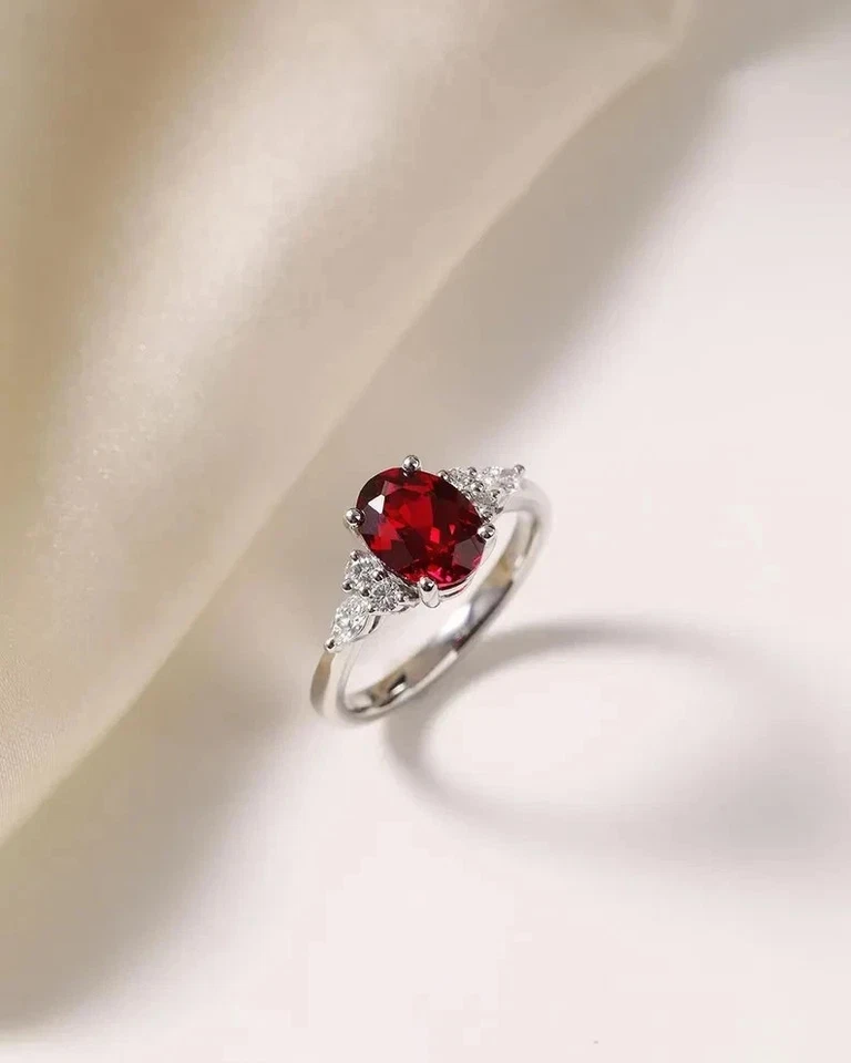 14K Solid White Gold Proposal Ring with 4.00Ct Oval Red Ruby and Diamond, Size 7 - Image 3 of 4