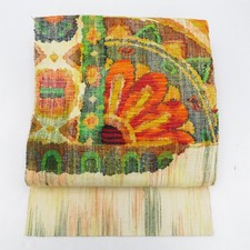 Japanese Kimono Nagoya Obi Silk Floral Yellow 144.9inch Women's