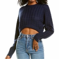 Danielle Bernstein Navy Cropped Cable Knit Sw...