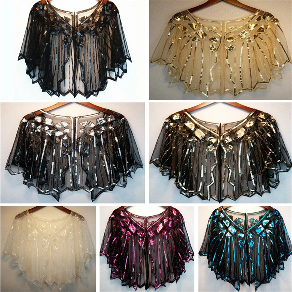 Vintage Gold Ladies 1920s Shawl Wraps Sequin Evening Cape Bridal Bolero Flapper - Image 3 of 4