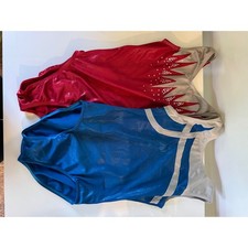 GK Elite Youth Gymnastics Leotards Set of 2 Red Blue Metallic Rhinestone MC