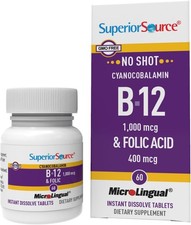 Superior Source No Shot B-12 Cyanocobalamin 1000 mcg + Folic Acid 400 mcg Sublin