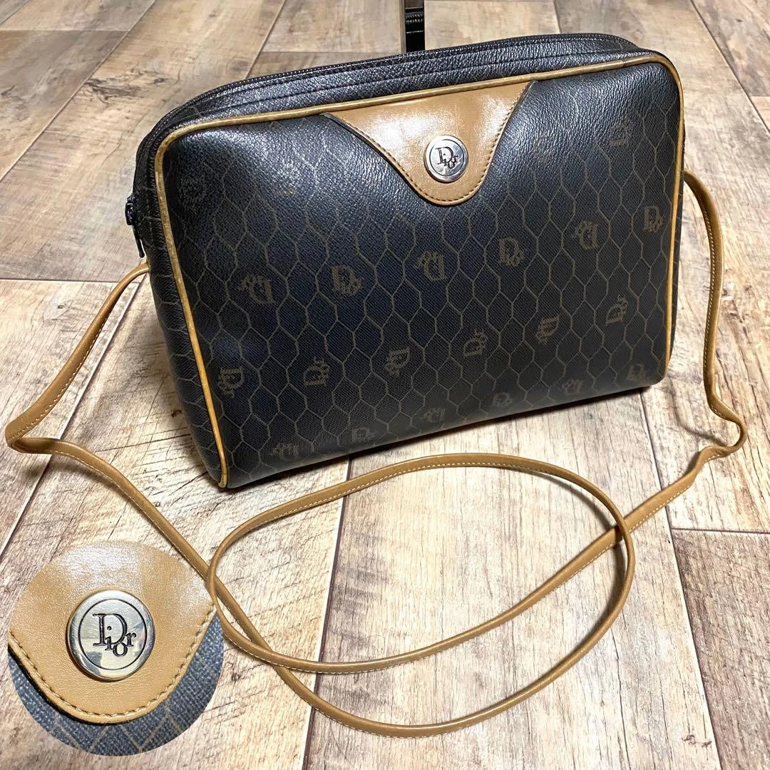 Authentique mini sac à bandoulière en cuir motif nid d'abeille logo Christian Dior noir