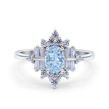 Oval Natural Aquamarine Cluster Baguette CZ Wedding Ring 925 Sterling Silver