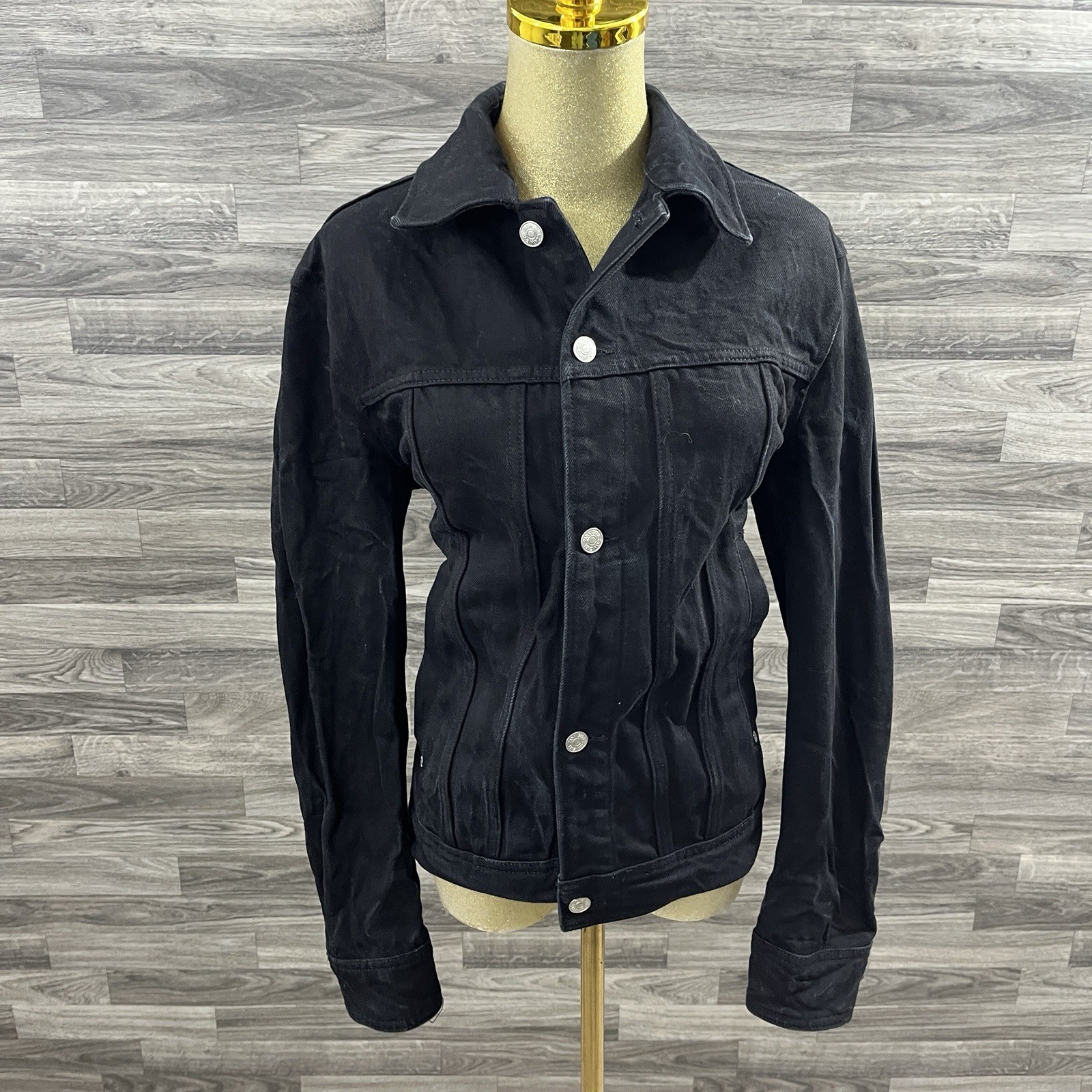 Zara Jean Jacket Womens Size Small S Faded Black Denim Button Front Long Sleeve