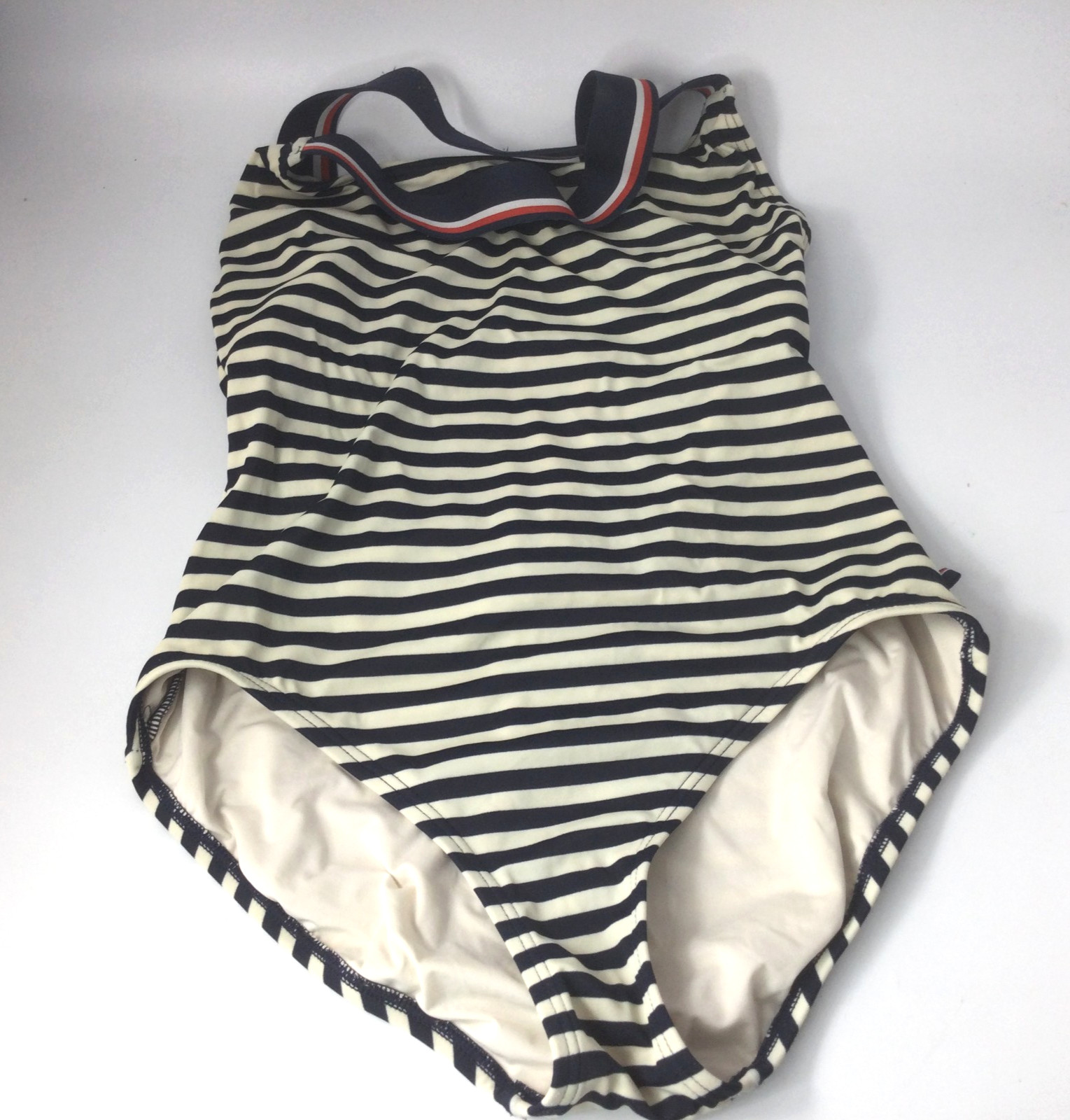 Tommy Hilfiger One Piece Swimsuit Swimwear Stripes Off White Dark Blue Siz 8