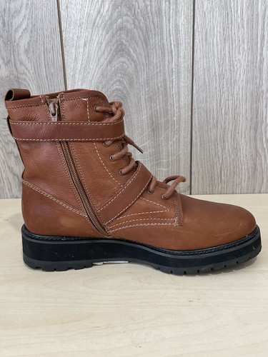 Topshop Tan Brown Leather Chunky Sole Lace Up Zip Strap Mid Boots UK 8 EU 41 - Picture 3 of 17