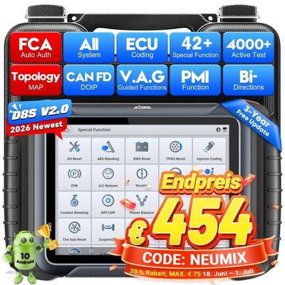 XTOOL D8S 2.0 Auslesegerät KFZ OBD2 Diagnosegerät ALLE SYSTEM ECU Codierung TPMS