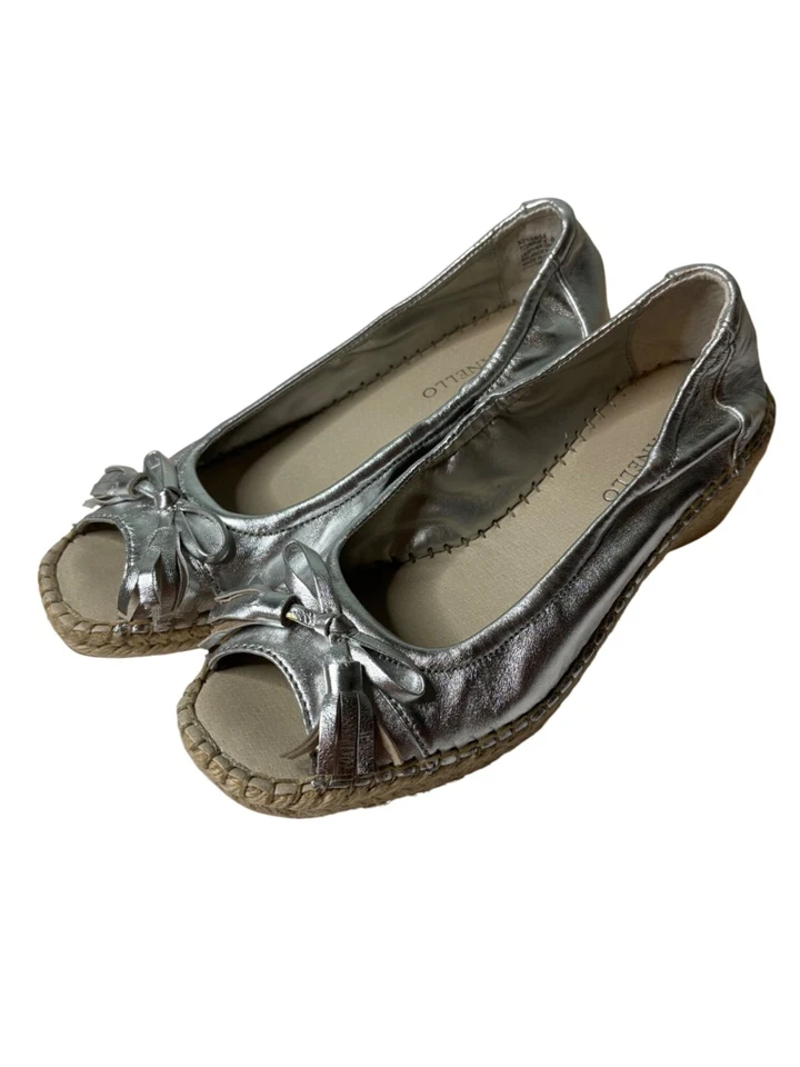 Tignanello TGNAIF3 Wedge Espadrilles Tan Silver Size 6.5M Peep Toe Comfort - Image 2 of 4