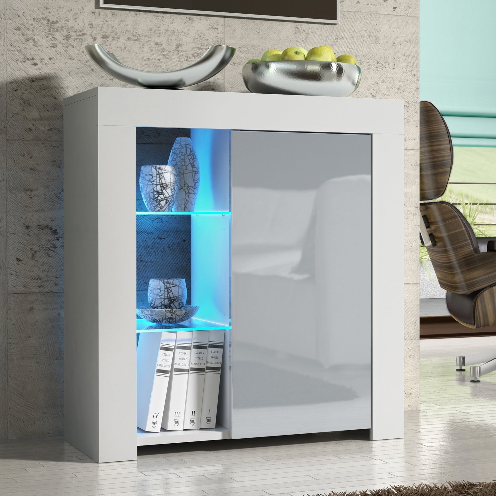 Sideboard 75cm Matt White Body / Gloss Grey Doors LED Modern Cabinet LUNARO