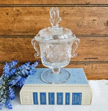 Vintage Heisey Glass Orchid Etched Seahorse Handled Covered Footed Candy Dish