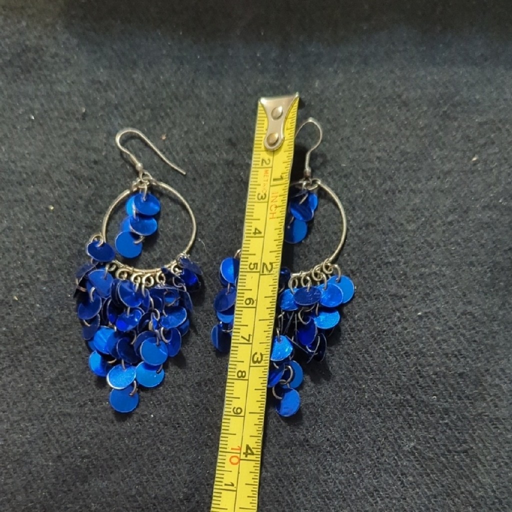 Silver Tone Blue Disc Dangle Statement Earrings - image 3