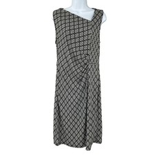 Talbots Geometric Print Asymmetrical Neckline Ruched Dress Sz L Classy Office