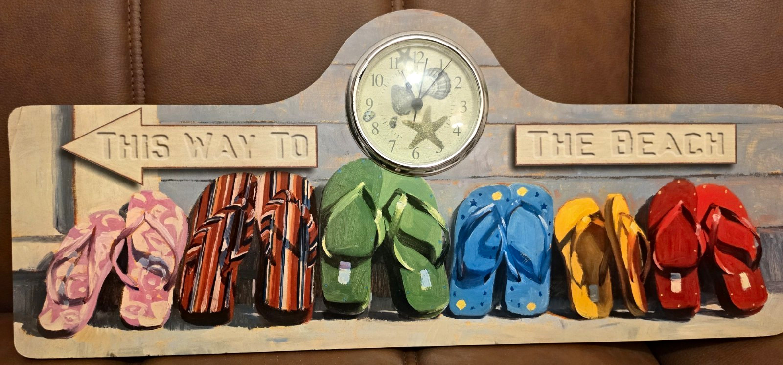 Beach-Themed Hanging Wall Clock "This Way to the Beach" Flip Flops, Wood