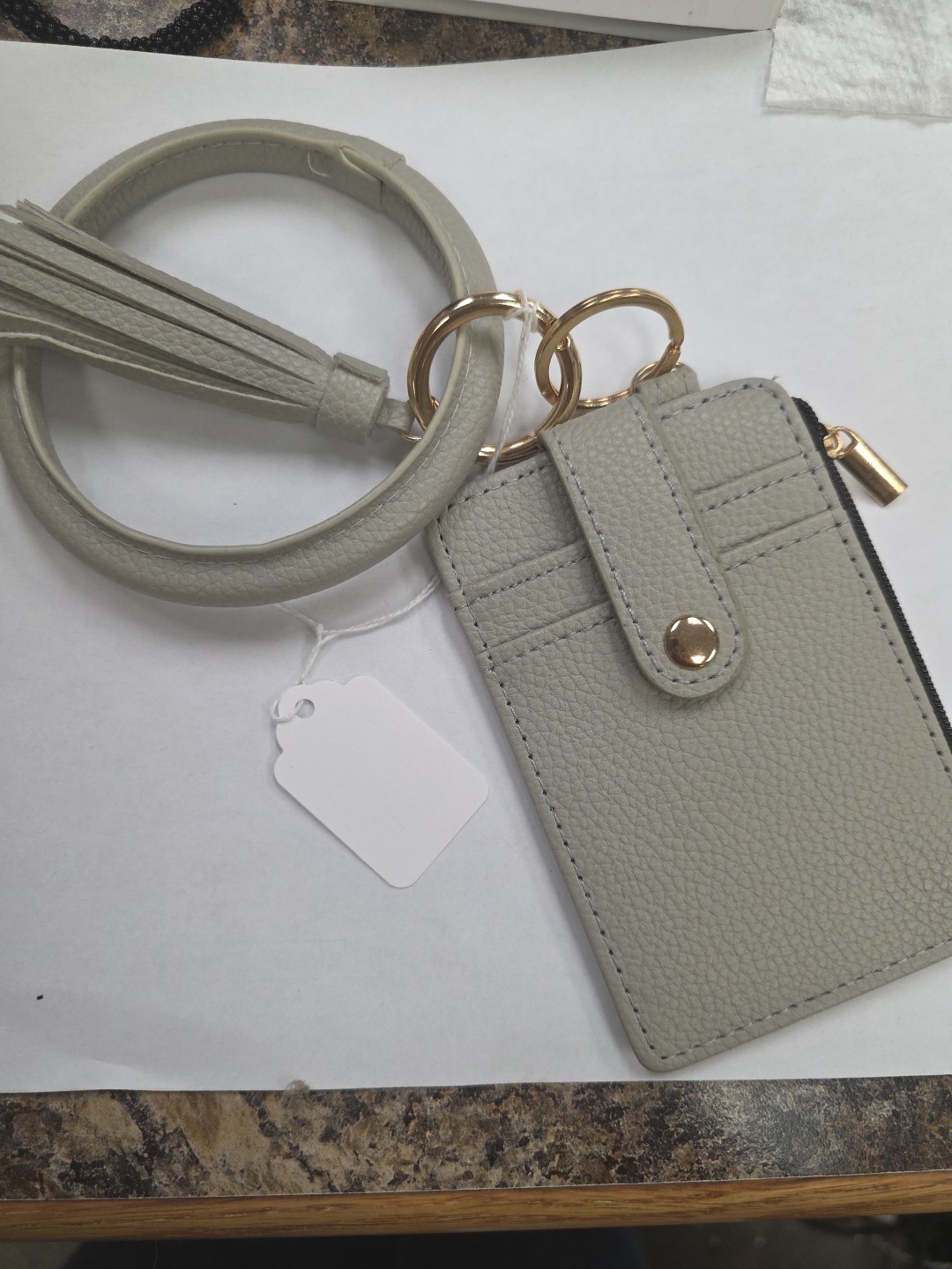Bangle Wristlet Wallet Keychain Card ID Holder Grey Tassel. New-image