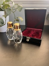 Vtg Post House Hand Cut Crystal Salt & Pepper Shaker Set Gold Plated Tops Case