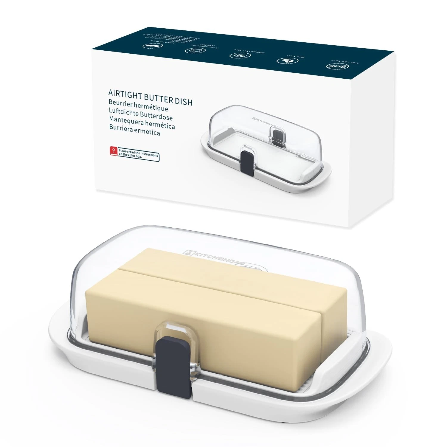 KITCHENDAO Large One-handed Butter Dish with Lid for Countertop, White, White