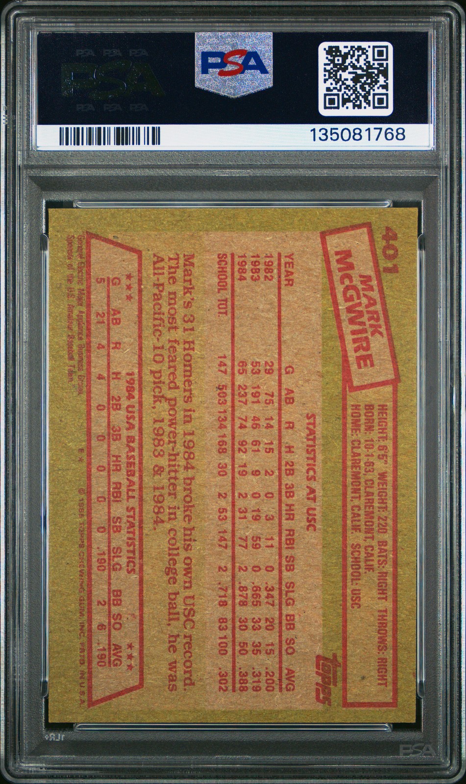 1985 TOPPS 1984 USA BASEBALL TEAM #401 MARK MCGWIRE ROOKIE RC PSA 7 view 2
