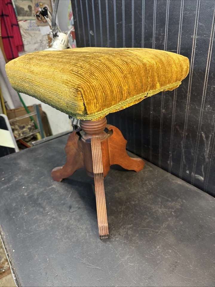 TABURETE PIANO MADERA vintage órgano victoriano fieltro asiento antiguo siglo XIX Foto 3 de 4