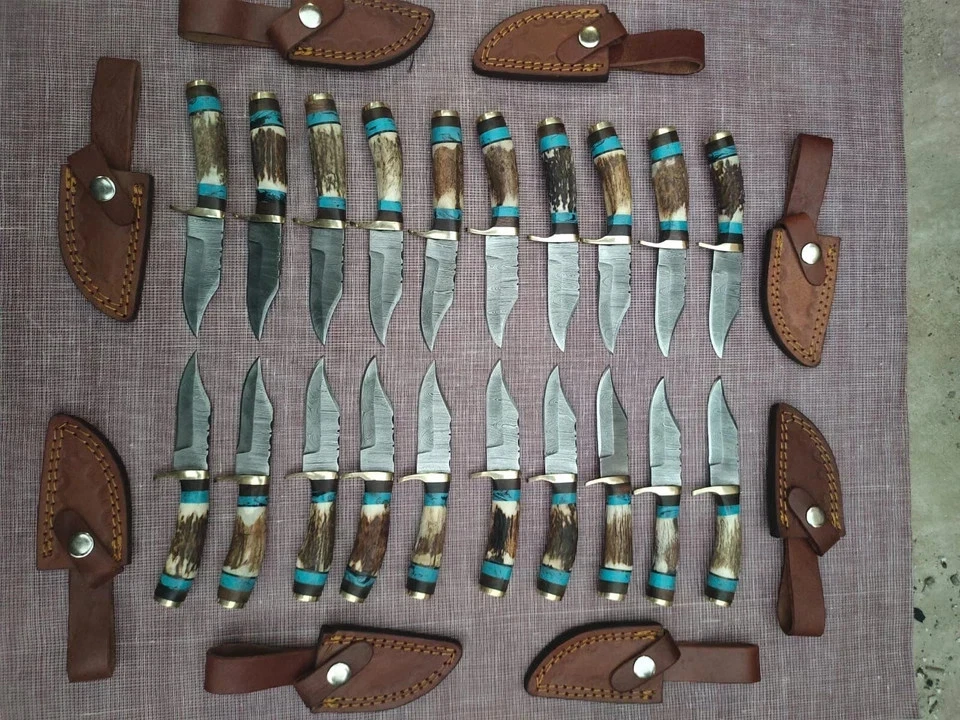 LOTS OF 10, 6" INCHES HANDMADE DAMASCUS STEEL SKINNER KNIVES STAG HORN W/SHEATH - Image 4 of 4