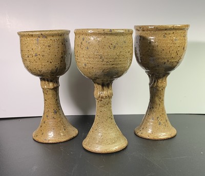 3 Handmade Studio Art Pottery Signed by Artist Wine Goblets 6 1/2''