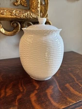 Vintage “Porcellan De Paris” White 6.5” Lidded Canister Basket Weave Design