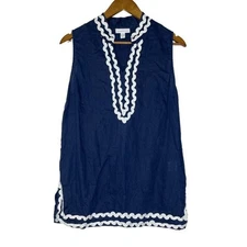 Charter Club Blue 100% Linen Ric Rac Sleeveless V-Neck Shirt Size Medium Women’s
