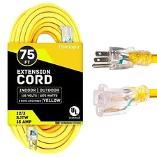 Thonapa 75 Ft Lighted Outdoor Extension Cord- 12/3 Heavy Duty, Yellow e- 3 Prong