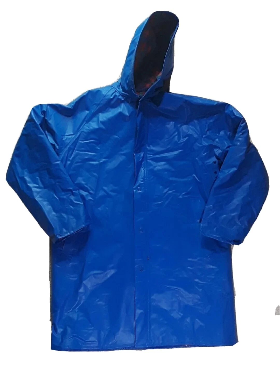 Orvis Tartan Plaid Flannel Lined PVC Hooded Rain Coat Jacket Blue Mens Large