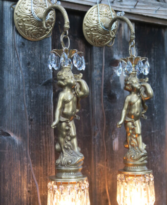 Pair Sconces Brass spelter Cherub Bird wall lamp vintage crystal prisms