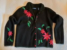 Karen Scott Sport Wool Christmas Cardigan Sweater Size M Black  Red