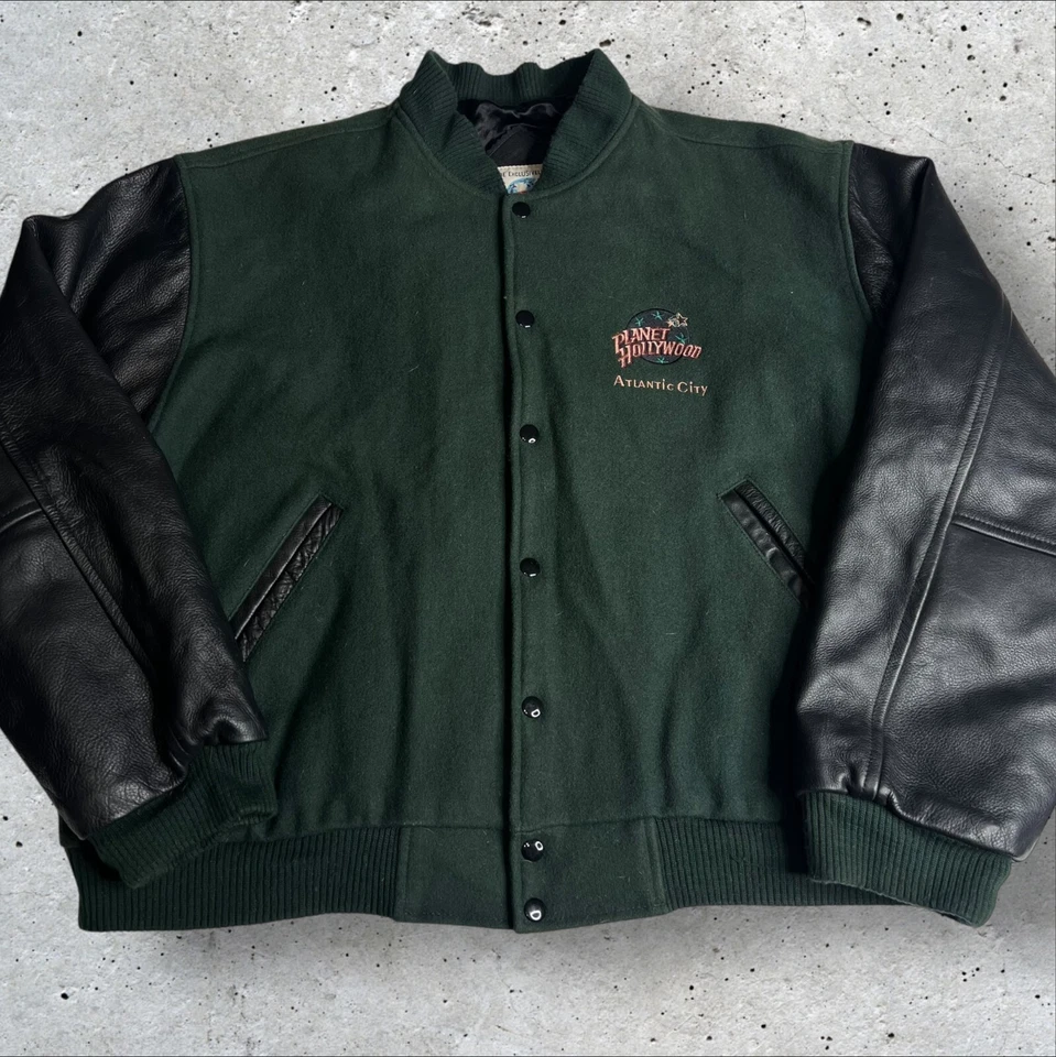 Vintage Planet Hollywood Green Wool Leather Varsity Bomber Jacket Size XL - Image 4 of 4