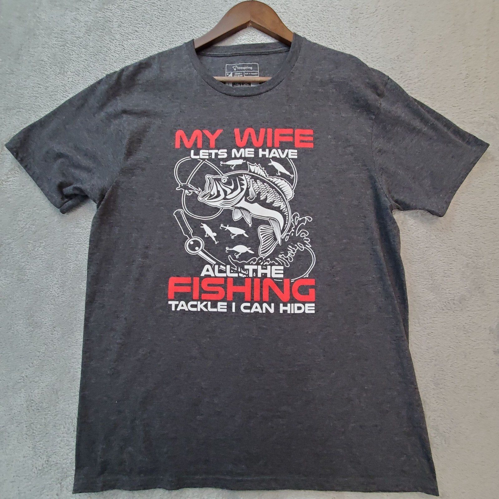 Fishing TShirt Mens Large Gray Wife Fishing Tackle Funny Teespring eBay