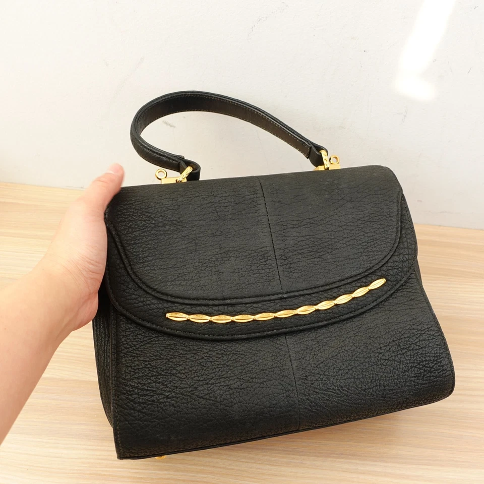 Vintage Shark Skin Flap Handbag Medium Black 50s Structured Solid Leather Japan - Image 2 of 4