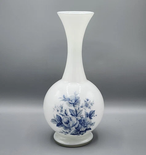 Vtg 12” White Milk Glass Vase Blue Floral Design Flared Neck Retro Home Decor