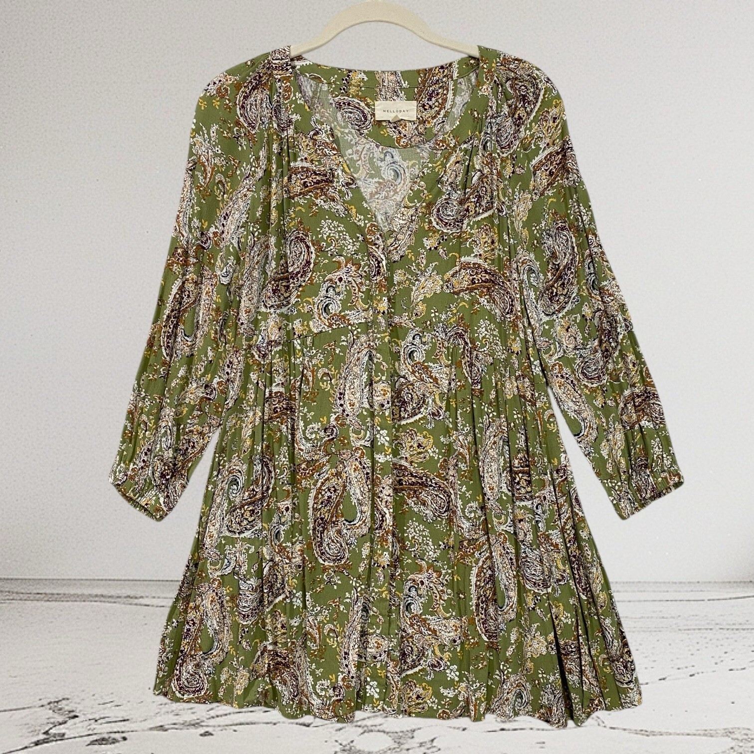 Melloday Paisley Print Button Front Babydoll Tunic Top Women’s Small Boho Y2K