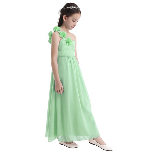 Flower Girl Long Dress One-shoulder Princess Maxi Wedding Bridesmaid Formal Gown - Picture 22 of 59