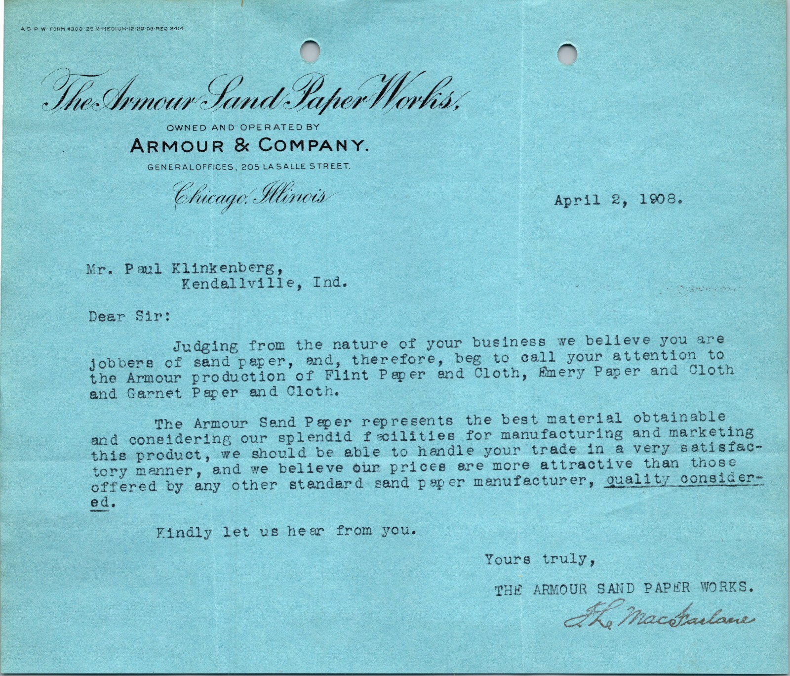 Vintage 1908 Armour Sand Paper Works Chicago IL Letterhead