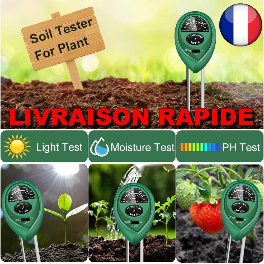 Testeur De PH Sol 3 En 1 - Mesure Humidité, PH, Lumière - Sans Pile, Pour Jardin, Plantes D'intérieur/extérieur