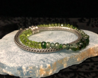  JOHN HARDY .925 Sterling Classic Double Wrap Chain Green Gems Brclt Sz.M-NWOT