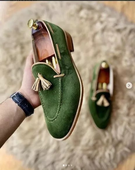Men Handmade Green Suede Leather Loafer Shoes with Tassels Tassel Loafers