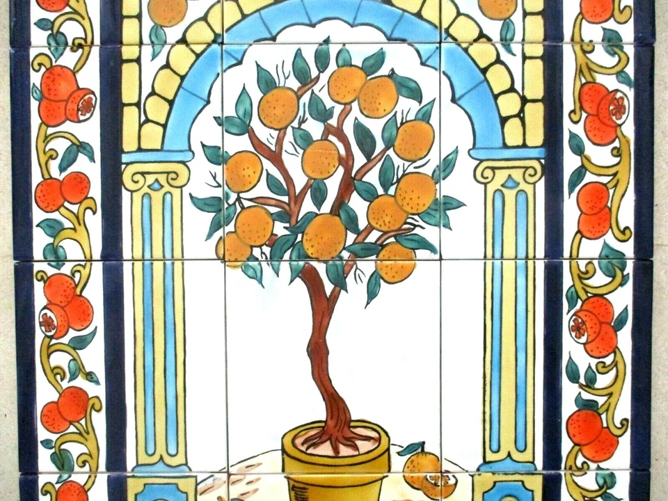 Hand Painted Ceramic tile art Mosaic wall mural Orange Tree BACKSPLASH 18" x 24" - Image 3 of 4