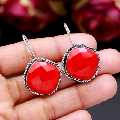 Elegant Facet Red Coral Gemstone Earring Handmade 925 Sterling