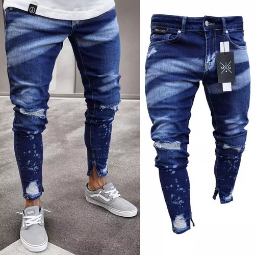 Pantalones Para Hombres de Vestir Elegante Moda Pantalón Vaquero Jeans  Rasgados | eBay