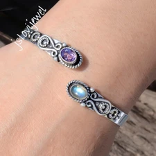 Labradorite & Amethyst Cut Gemstone 925 Sterling Silver New Arrival Cuff Bangle