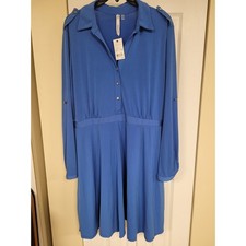 NY Collection XL Blue Roll-Tab Sleeve Button Front Dress Career Casual