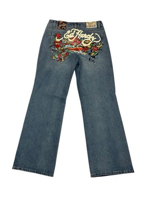NEW Ed Hardy Tattoo Koi Baggy Jean Y2K Paint Splatter Multicolor