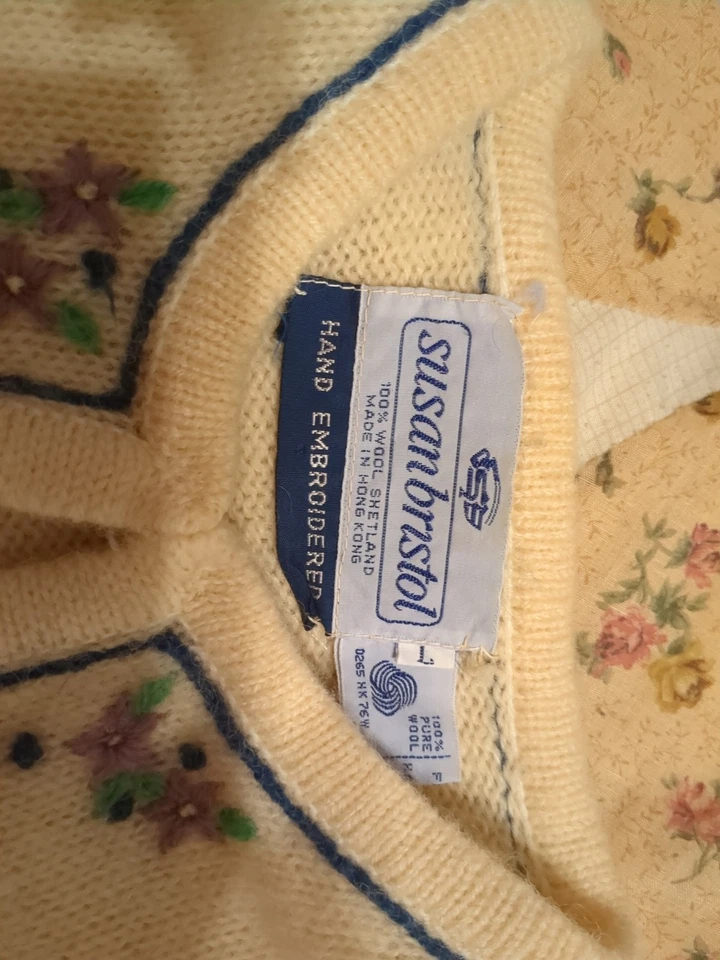 Cárdigan vintage Susan Bristol talla grande bordado a mano 100 % lana Foto 3 de 4